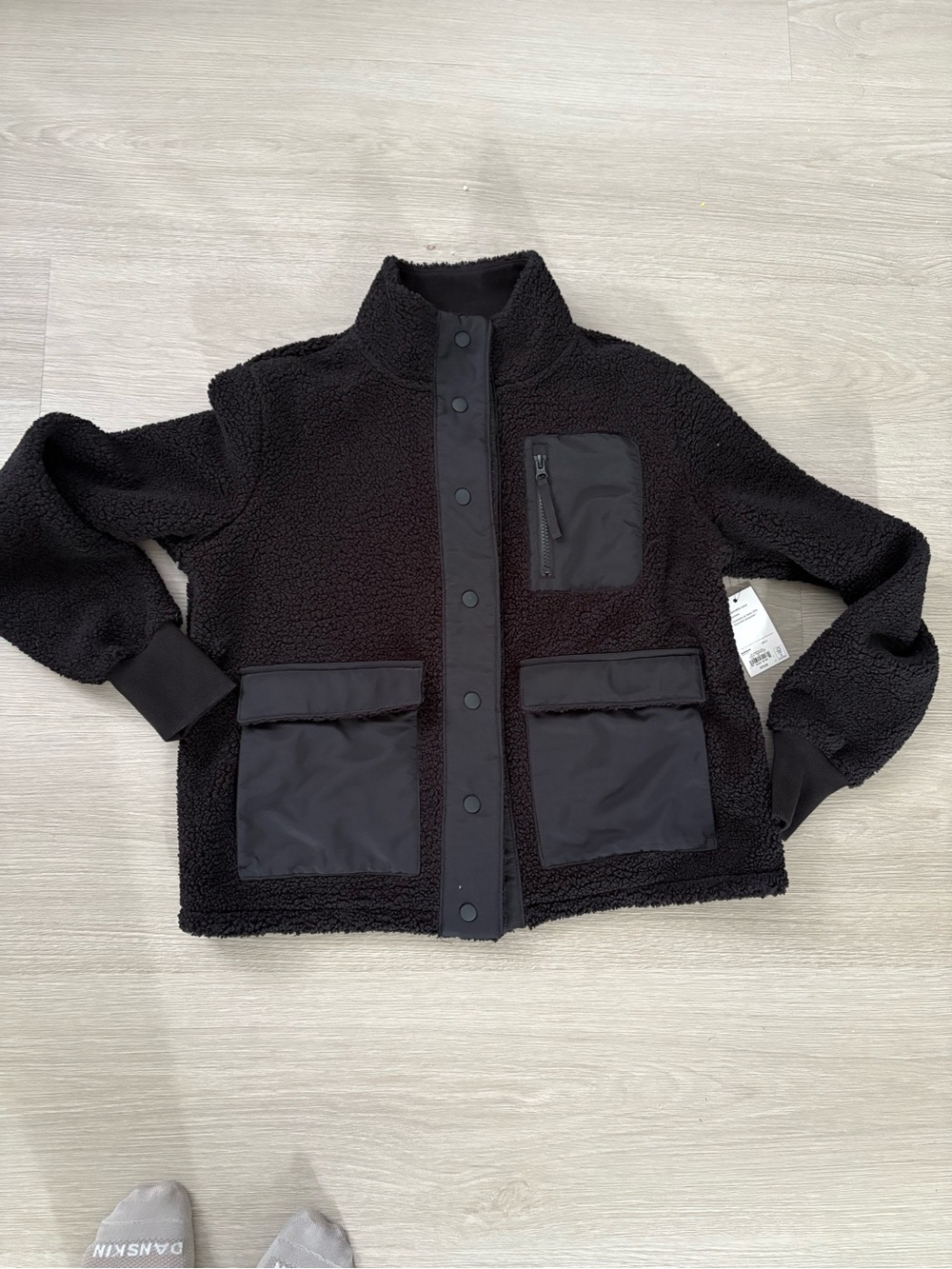 Black Sherpa Teddy Jacket with Utility Pockets